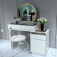 Coiffeuse moderne minimaliste en bois blanc avec éclairage HD et tiroirs, idéale pour chambre, hôtel, appartement élégant