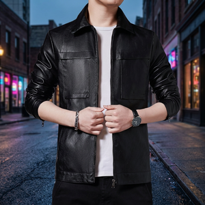 Chaqueta de Cuero PU Negra para Hombre, Estilo Motero, Cuello Camisero, Cierre de Cremallera, Corte Ajustado, para Otoño - Product Image 4