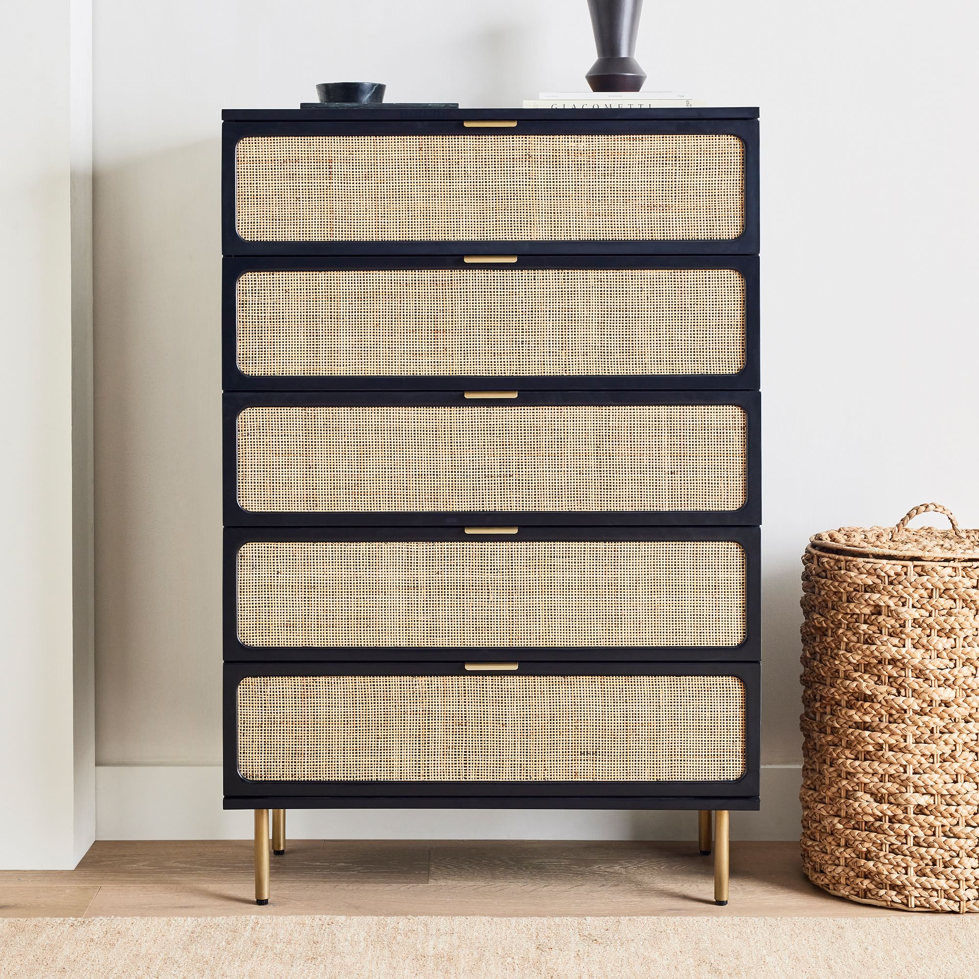 Modern Tall White Solid Wood Rattan Weaving Black Dresser 5 Drawer Storage Chest Of Drawers Bedroom Dressers