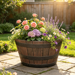 Pot <span class=keywords><strong>de</strong></span> fleurs rustique d'extérieur en résine <span class=keywords><strong>de</strong></span> 15 pouces, pot <span class=keywords><strong>de</strong></span> fleurs en forme <span class=keywords><strong>de</strong></span> baril, pot <span class=keywords><strong>de</strong></span> fleurs brun, grain <span class=keywords><strong>de</strong></span> <span class=keywords><strong>bois</strong></span> vintage, pot <span class=keywords><strong>de</strong></span> fleurs d'extérieur empilable - Product Image 2