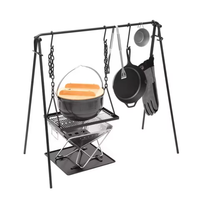 Station de cuisson portable pour camping, support de foyer, grille suspendue, poêle, pinces, barbecue extérieur