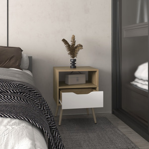 Wenden 21 Inch High Nightstand One Drawer One <b>Open</b> Shelf Natural Oak White - Product Image 2