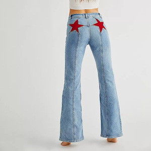 Ladies Skinny Slim Bell-Bottom Front Pockets <strong>Red</strong> Star Decoration Flare <strong>Jeans</strong> <strong>Women</strong> Fashion - Product Image 2
