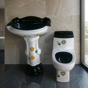 Hot Black Color High Quality Bathroom Suit Ceramic One Piece Toilet Commode with Pedestal Wash Basin in Porcelain Product - Product Image 3