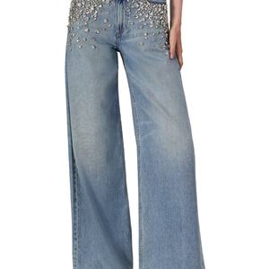 Pantalones vaqueros casuales de mujer con pedrería, de pierna recta y corte holgado, con lavado a la piedra personalizado - Product Image 1