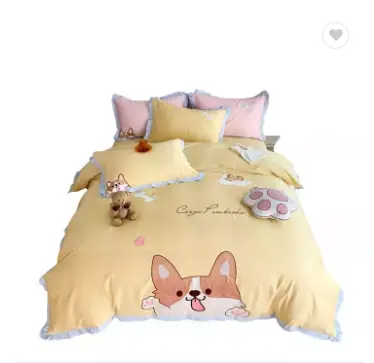 Kawaii Corgi Sheets Cute Dog Luxury Cotton Kids Bedding Set Duvet Cover With Pillow Full Size Sheet Set Girls