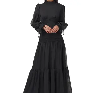 2023 Ssica Dress Wholesale Soild Color Modest Maxi Dress Muslim Islamic Abaya Ruched Lace Double Modest Fashion Long Sleeves