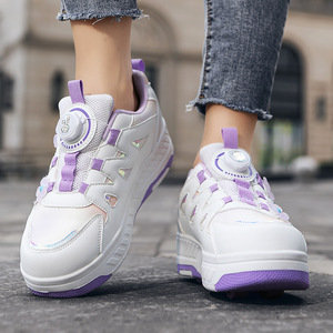 Chaussures de sport pour enfants avec roulettes, design floral blanc et violet pour filles, taille 30-37, semelle extérieure en TPU, semelle intermédiaire en EVA, doublure en mesh - Product Image 4