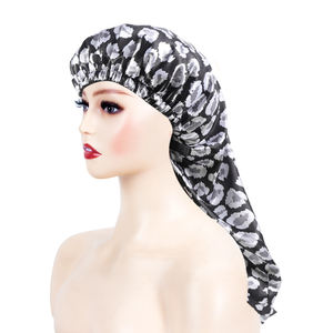 Afrikanische Satin lange Motorhaube Leopard seidige Motorhaube Für Frauen benutzer definierte Gummiband Doppels chicht Satin Wende haube mit Logo - Product Image 5