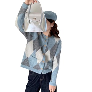 Cárdigan de Punto con Bloques de Color en Forma de Rombo y Cuello Redondo para <span class=keywords><strong>Mujer</strong></span>, Estilo Otoño-Invierno, Casual - Product Image 1