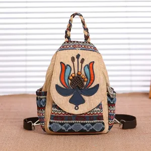 Ethnic style hand woven backpack with double layer fabric and versatile casual backpack, lightweight canvas travel bag