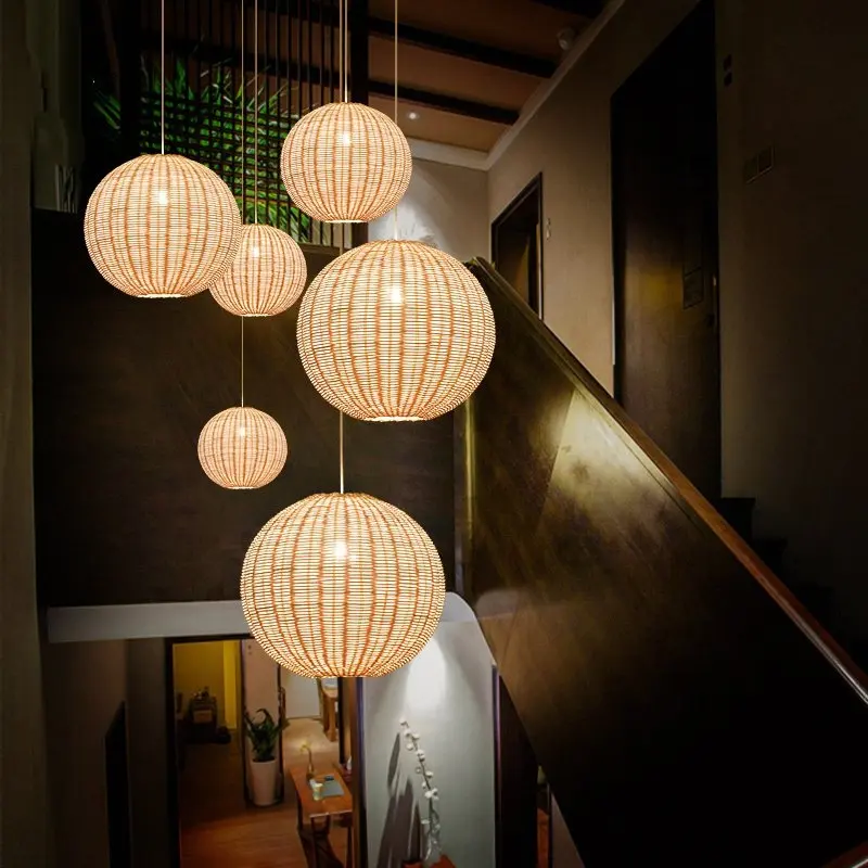 Natuurlijke Rotan Verlichting Handgebreide Artikelen Bamboe Hanglamp Versierd Ronde Bal Led Kroonluchter Ophanging Lichten