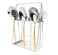 Ensemble d'ustensiles de cuisine en acier inoxydable doré mat personnalisé, 7 pièces, louche, cuillère à spaghetti, cuillère à servir le riz, écumoire, support