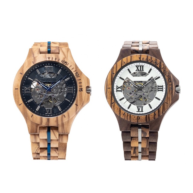 TJW Luxury Men's Olive Wood Mechanical Watch 46mm Round Case Business Style Hollow Feature with Pointer Display