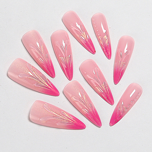 <span class=keywords><strong>Faux</strong></span> ongles à presser en ABS rose <span class=keywords><strong>flamme</strong></span> avec paillettes dorées, style stiletto tendance pour nail art, vente en gros - Product Image 1