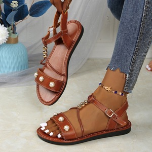 Sandalias Planas Cómodas con Decoración de Perlas Metálicas para Mujer, Correa Ajustable con Hebilla, Calzado para Caminar en la Playa, Uso Diario de Verano - Product Image 3