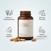 Capsules de safran et d'ashwagandha en marque privée OEM, 88,5 mg, complément alimentaire végétalien à base de plantes, soutien pour l'humeur, le stress et l'énergie, extrait de safran en capsule