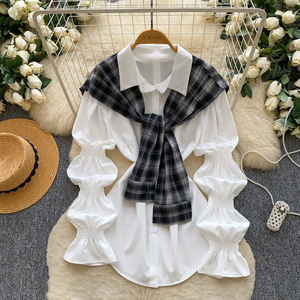 Camicie Eleganti da Donna con Maniche a Lanterna e Dettaglio Sciarpa a Quadri, Bluse Comode per l'Autunno - Product Image 1
