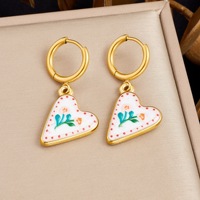 Anting-anting wanita vintage bermotif burung dan bunga, enamel lukis tangan, lingkaran emas stainless steel, aksesoris anting gantung bunga hati manis