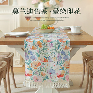 New fresh and pastoral style table runner with floral print and tassel trim, long strip fabric tablecloth in American country - Product Image 1