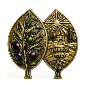 Médaille souvenir en laiton plaqué or d'Umbria, Italie, de forme irrégulière, avec impression en relief sur le thème des fruits, pièce de collection - Product Image 5