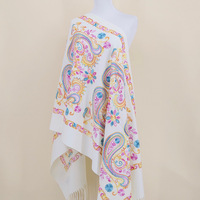 Châle en imitation cachemire brodé Paisley de 350g, lourd et chaud, avec pompons, style ethnique, pour femme