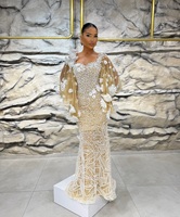 Robe de soirée longue bleue LM A720 pour femme, style doux, motif léopard, dentelle diamantée, fleur, pour anniversaire, bal de promo, fête