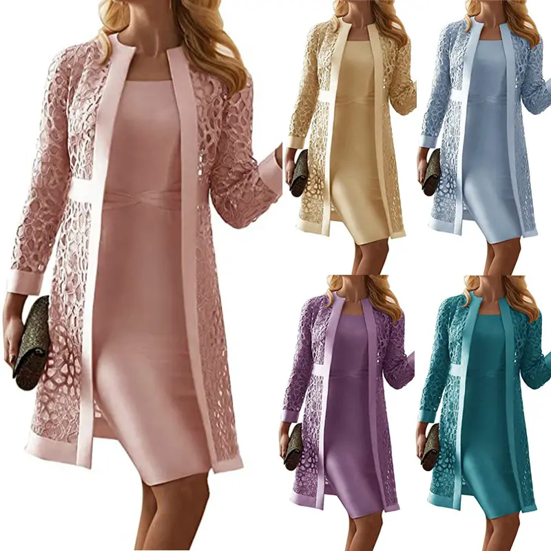 Business dress shops 2022 New solid color lace cardigan dress career two piece set dresses