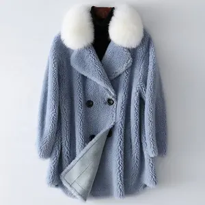 キツネの毛皮の襟のファッションコート青い毛皮の女性のコート女性のためのウールのジャケット