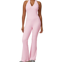 Combinaison de yoga une pièce personnalisée avec logo pour femme, col en V en dentelle, dos nu, jambe évasée, tenue de sport pour la gym