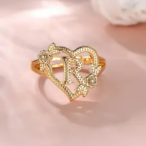 Personalized Jewelry Initial letter Rings fashion gold Alphabet Floral Rings Women