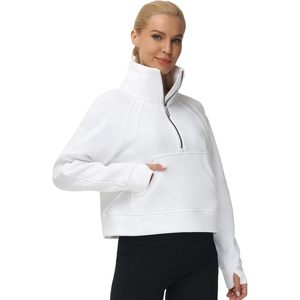 Sudadera corta de forro polar para mujer con media cremallera, cuello alto, bolsillos, orificio para el pulgar, transpirable, manga normal - Product Image 1