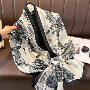 Fancy New Flower Print 180*90CM Bufandas de seda Chales de playa Mujeres Long Large Silk Head Wrap Stole Bufandas musulmanas Hijabs para damas - Product Image 3