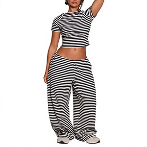 Custom Logo Women's Striped Printed Oversized Wide Leg Flare Pants & Cropped Short Sleeve T-Shirt Set Poly/Cotton 240 GSM Knit - Product Image 1