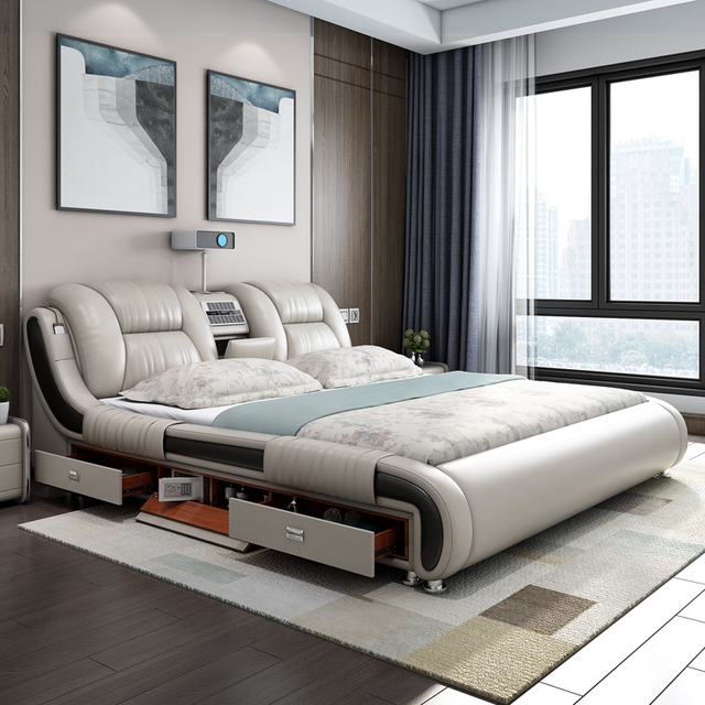 Modern Smart Bed with Massage Function, Storage Drawers, and Multimedia Console for Bedroom Furniture