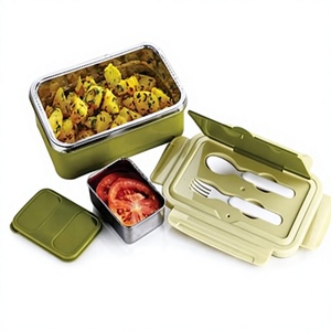 Boîte à lunch Happy Meal en acier inoxydable 700+200ml, portable, 2 compartiments avec couverts, couvercle vert - Product Image 1