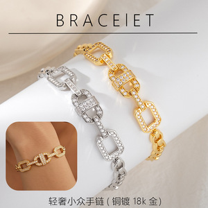 Bracelet en chaîne O plaqué or de style européen américain avec zircon, bijoux géométriques ovales pour femmes, cadeau - Product Image 5