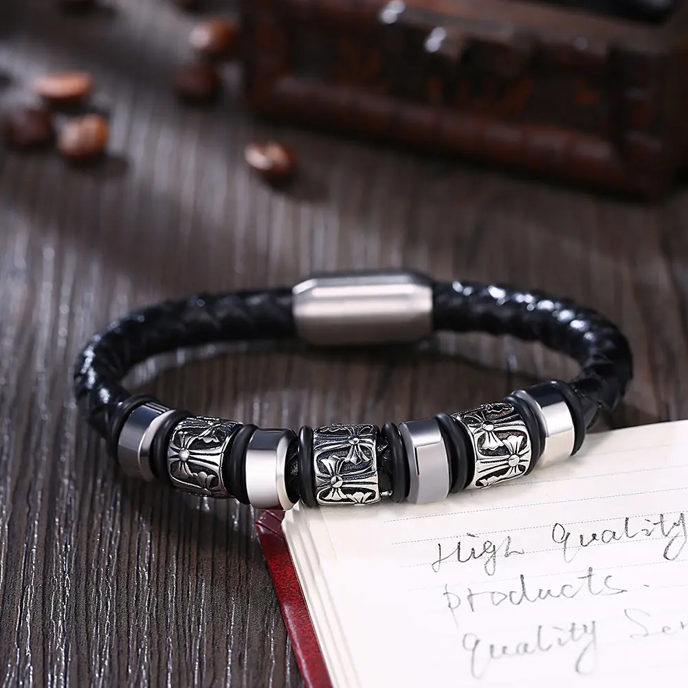 Gelang pria Punk baja Titanium gesper magnetik, perhiasan gelang pria mode, gelang salib motif bunga, gesper kulit magnetik