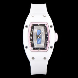 Reloj de Pulsera de Lujo para Mujer, Regalo de Navidad, Caja Blanca en Forma de Barril, Correa Blanca, Esfera Azul de Nácar, Completamente Adornado con Diamantes - Product Image 1