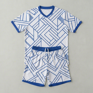 Ensemble de maillots de football pour hommes, blanc et bleu, imprimé géométrique, manches courtes, évacuation de l'humidité, coupe régulière, vêtements d'été pour adultes - Product Image 1