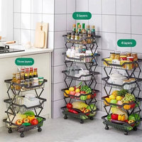 Étagère de rangement mobile pliable à 5 niveaux en acier au carbone avec roulettes - Étagère domestique moderne noire portable et pliable pour la cuisine