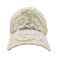 Casquette de baseball beige en gros avec sequins et broderie florale en dentelle pour fêtes à la plage