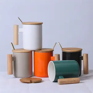 Mug Porselen, Mug Keramik Tutup Bambu dengan Tutup dan Sendok, Pegangan Kayu