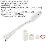 Divisor PoE de Plástico Impermeable de 48V a 12V 2A 15W IEEE 802.3af/at Dual PD 12/36 o 45/78 DC 5.5x2.1mm QoS para Cámaras IP CCTV