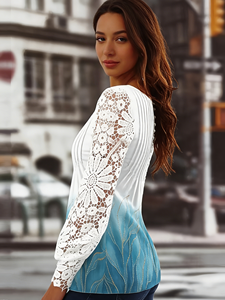 Chemisier Henley à manches longues en dentelle pour femme, grande taille, col en V, blanc à bleu, décontracté, automne-été - Product Image 2