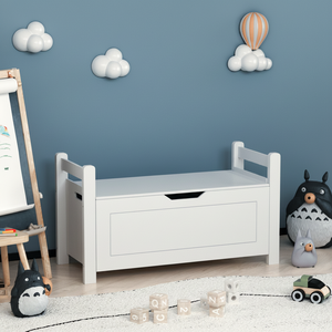 Grande Contenitore Portaoggetti Bianco per Bambini in Legno di Gomma con Coperchio Ribaltabile e Cerniera di Sicurezza per Cameretta e Sala Giochi AL1256 - Product Image 3