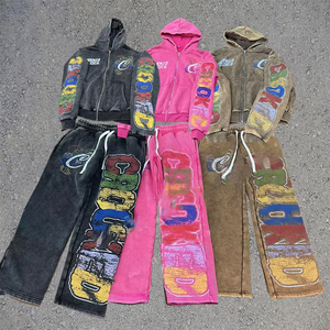 Custom 100% Cotton Terry Oversized Printed <strong>Tracksuit</strong> Acid Washed Sweat Suits Men Flare Stacked Sweatpants and Hoodie Set - Product Image 1