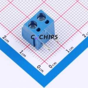 MX300R-5.0-02P-BU01-Cu-Y-A Screw Terminal Block Bent Lead Through Hole,P=5mm Connector 1x2P 5mm Green Right Angle Insert - Product Image 1