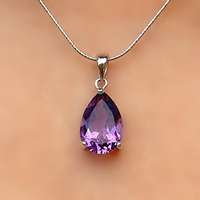 Pendentif Solitaire Goutte d'Eau en Améthyste Véritable Plaqué Or sur Argent, Pierre de Naissance de Février, Bijou Élégant Fait Main, Cadeau pour Femme