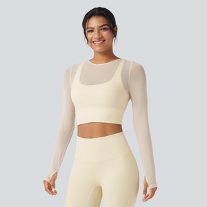 Custom Beautiful Women's <b>Two</b>-<b>Piece</b> Yoga Top Breathable Sports Outer Wear with Long Sleeves Cross Back <b>Mesh</b> Chest Pad Yoga <b>Set</b> - Product Image 2